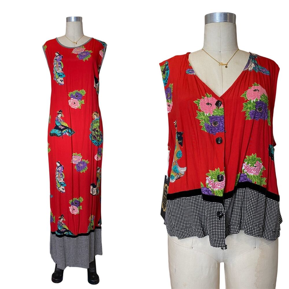 vintage 1990s F L Malik asian inspired shift dress with vest xl red novelty